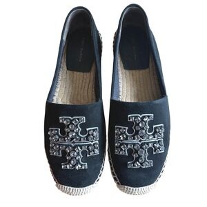 TORY BURCH Embellished Espadrille Black Suede Crystal Logo Flats Women SIZE 7.5